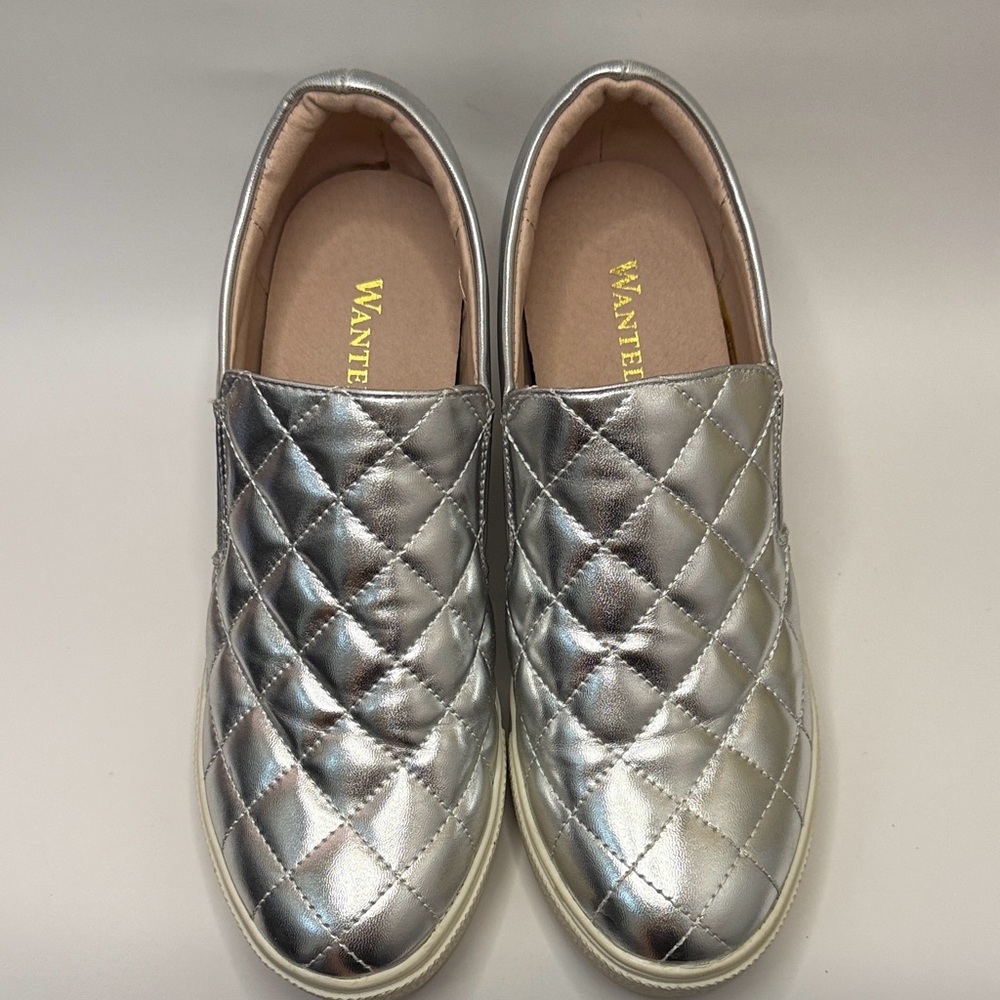 Wanted Wedge Metallic Silver Quilted Slip-Ons